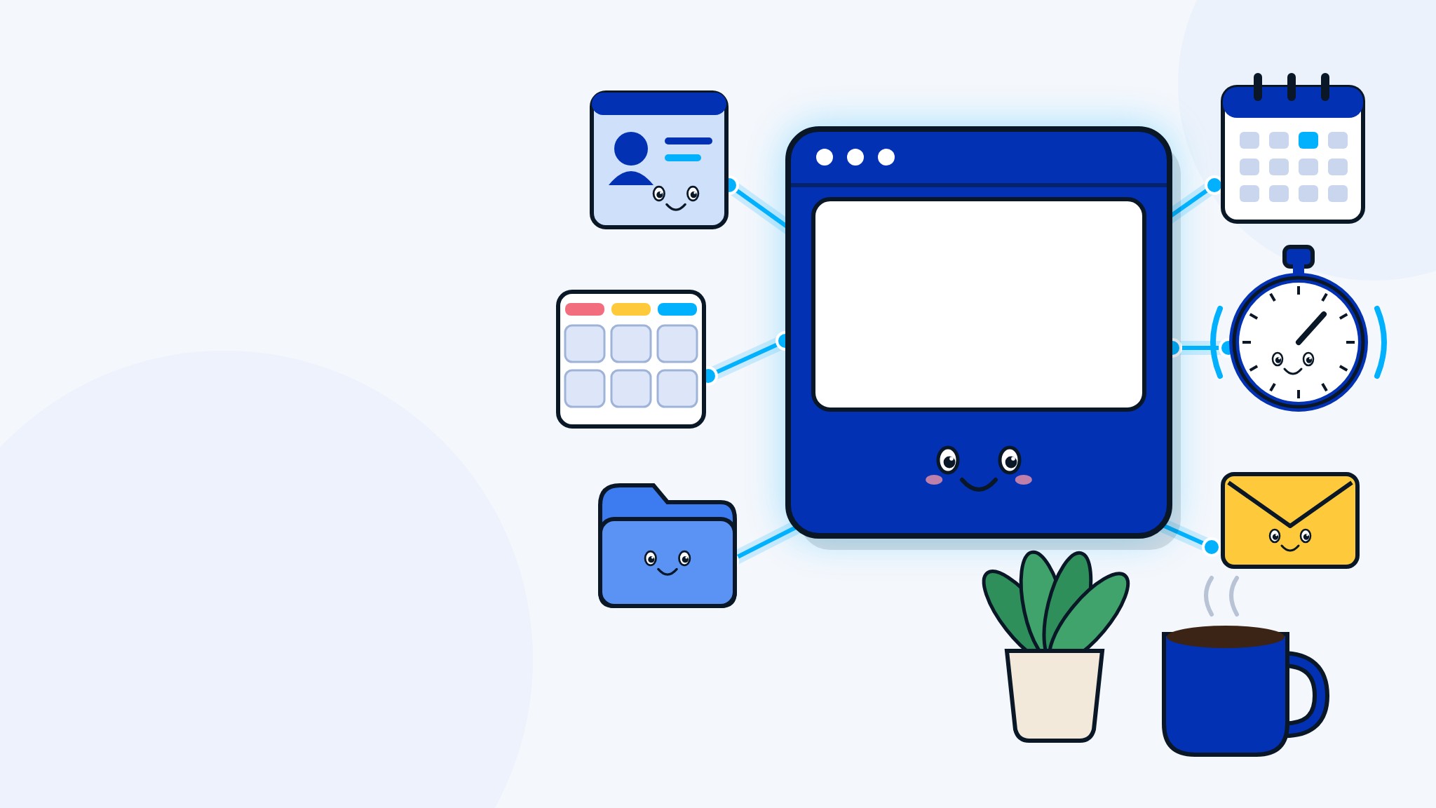 Illustration: Ein zentrales App-Fenster verbindet CRM, Projekte, Kalender, Zeiterfassung, Dateien und Postfach einer Agentur
